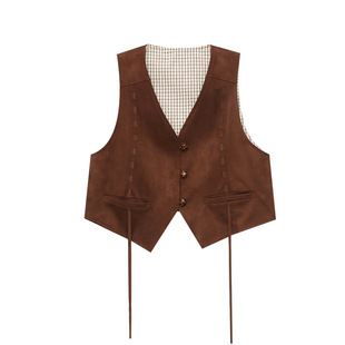 早春新款民族风仿麂皮绒V领飘带显瘦叠穿短款马甲