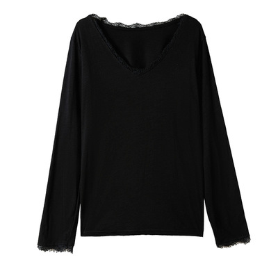 纯棉V领蕾丝秋冬季宽松打底衫女