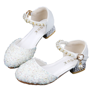 女童水晶公主鞋白色儿童高跟鞋模特走秀钢琴主持配礼服演出单皮鞋