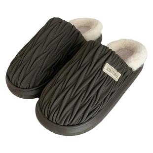 细细条 男士冬季时尚家居鞋保暖加绒高级感ins复古褶皱PU皮棉拖鞋
