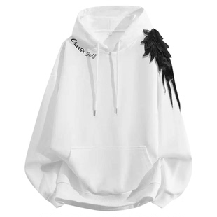 美式潮牌复古羽翼单肩连帽卫衣男秋冬宽松简约百搭套头衫情侣上衣