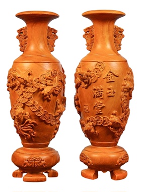 香樟木雕刻工艺金玉满堂花瓶