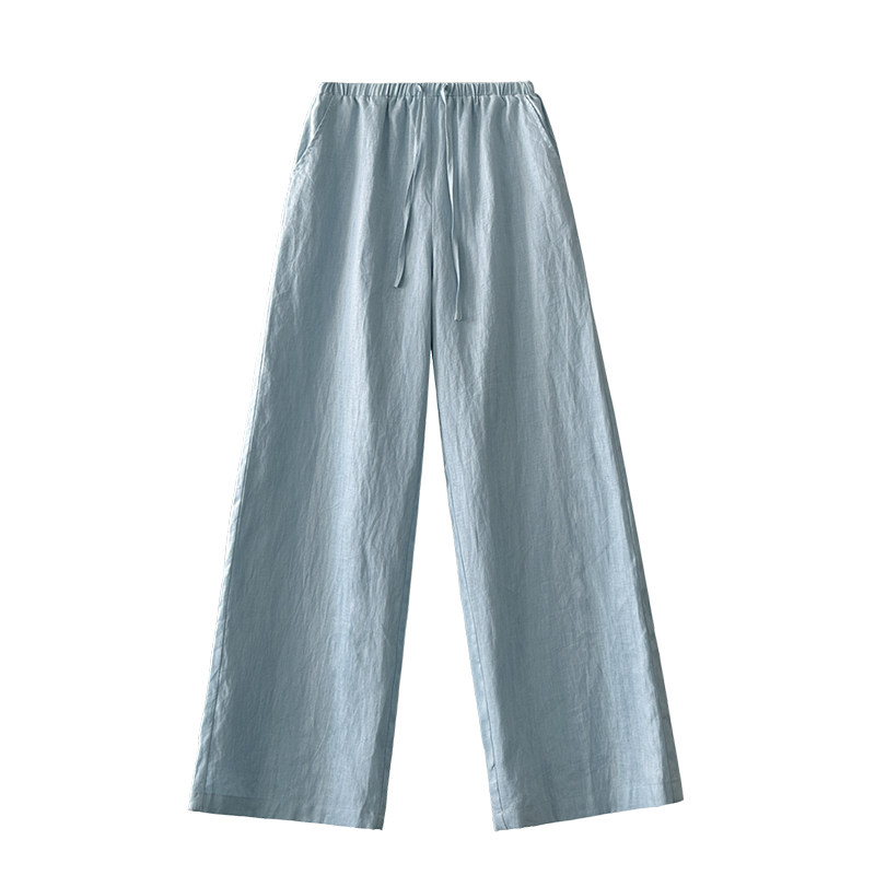 白色100%纯亚麻阔腿裤女夏季薄棉麻透气高腰休闲老钱风垂感直筒裤