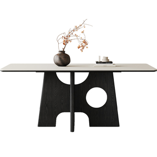 奥古斯特奶酪长方形纯白岩板餐桌法式复古黑色进口白蜡木实木餐桌