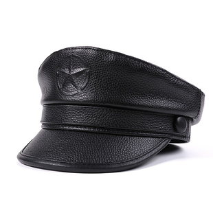 船长帽牛皮真皮新款男式贝雷帽机车海军鸭舌帽五角星平顶帽子50岁