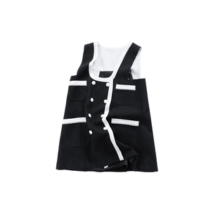 晶咕白标DADATATA【巴黎邂逅】小香风肌理编织大U领撞色背带裙女