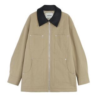 pusumede 【现货6折】巴塞尔叙事 卡其色翻领工装夹克夹棉外套