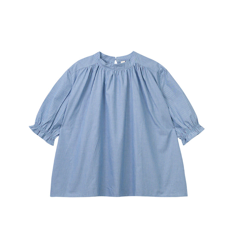 Caicaiai设计感童装春秋女孩蓝色条纹上衣七分袖立领衣服217+552