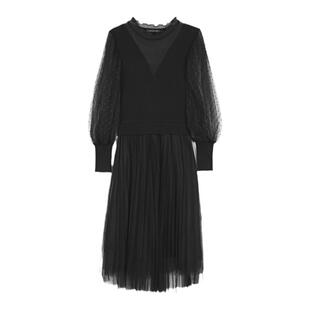 sdeer圣迪奥女装秋木耳边圆领网纱拼接连衣裙S221Z1204