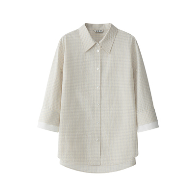 DID DAILY:Anthea 色织棉小格纹拼接撞色袖口复古7分袖衬衫26新