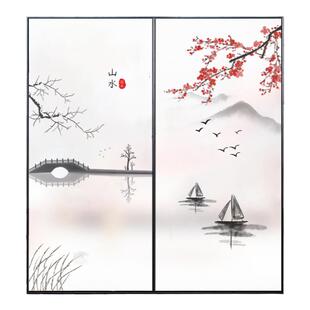 玻璃贴纸透光不透明中式山水画卧室卫生间推拉玻璃门静电免胶贴纸