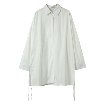 宽松长款排扣长侧边开叉抽绳衬衫