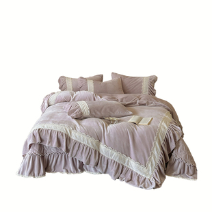 法式冬季床盖款牛奶绒四件套公主风珊瑚绒双面绒蕾丝花边被套复古