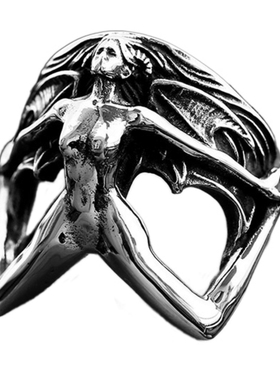 潮男女复古钛钢哥特翅膀魔女戒指
