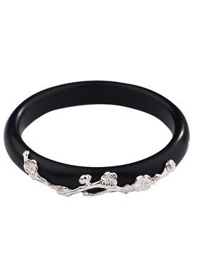 熙素原创檀木手镯女纯银梅花镶嵌天然黑檀木镶银手镯手环饰品礼物