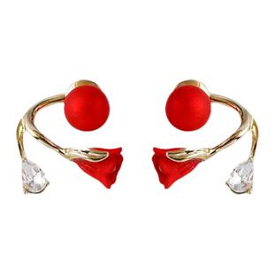 2025新款潮红色耳环女郁金香耳钉日韩小众设计轻奢花朵后挂式耳坠