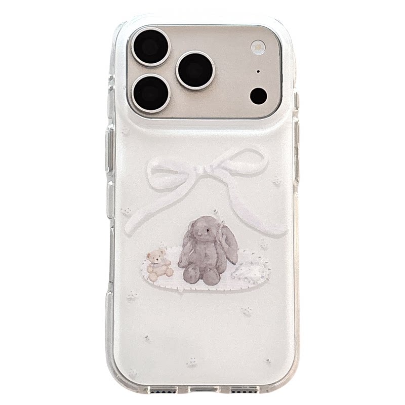 盐白茶ins可爱清新白底蝴蝶结灰色长耳兔子适用苹果18ProMax手机壳iPhone17小众16新款15高级14卡通保护