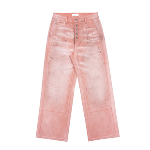 TBR 双膝5连扣粉色水洗做旧泼墨伐木裤宽松直筒版型牛仔裤