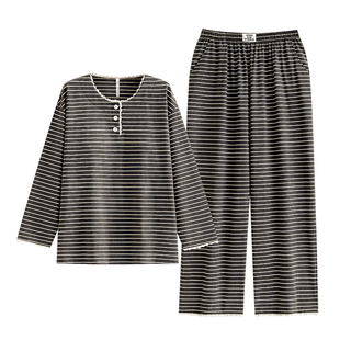 悦内带胸垫一体睡衣女款春秋季秋款长袖纯棉家居服春装条纹可外穿