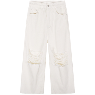 落落狷介白色破洞牛仔裤2025年新款高腰小个子九分裤设计感破洞裤