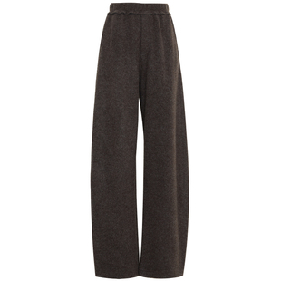 夏莫卡竖纹针织羊毛香蕉裤女冬厚款毛边松紧腰咖色弯刀奶奶裤9742