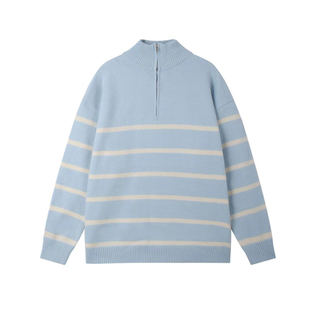 GOOZI MADE黑白条纹立领半拉链毛衣男冬季慵懒风男生套头针织衫