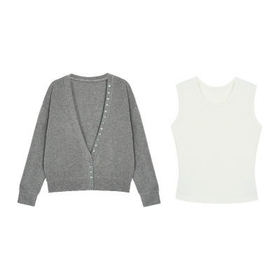 pusumede慵懒随行 松弛感V领开衫外套女修身内搭无袖背心吊带套装