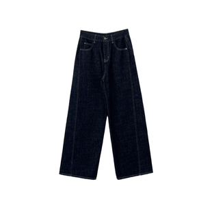 3ts丹宁蓝原色薄绒牛仔裤慵懒加绒弯刀裤子美式深蓝色宽松阔腿裤