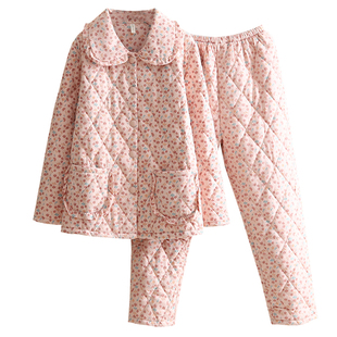 小碎花薄棉睡衣女秋冬季保暖全棉田园风薄款纯棉夹棉睡衣家居服套