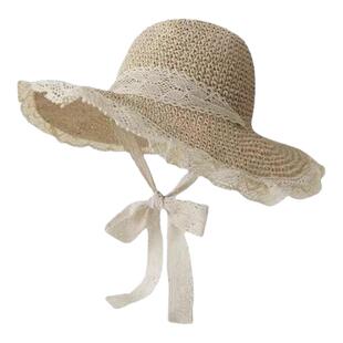 草帽系带镂空草编帽女夏季防晒沙滩海边太阳帽百搭蕾丝边遮阳帽子