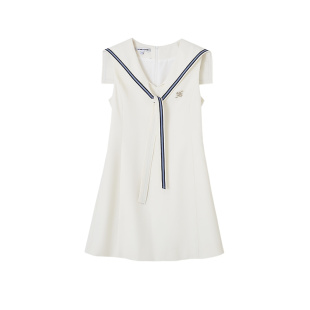 SOMESOWE 海军领连衣裙子女夏学院风设计感撞色水手领收腰中长裙