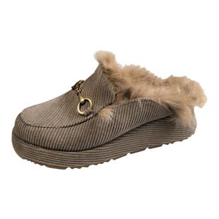 高级感包头拖鞋女冬季外穿加绒厚底毛毛鞋高跟保暖穆勒鞋美拉德棕