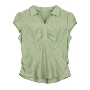 solighter法式复古莱赛尔v领短袖衬衫女夏季2025新款提花收腰上衣