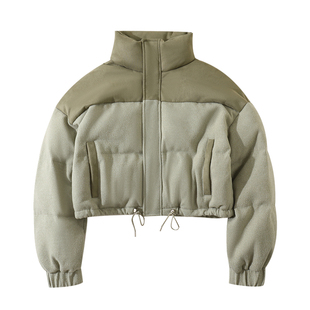 大于诗集 复古麂皮绒撞色拼接90白鸭绒立领羽绒服女中性风短外套