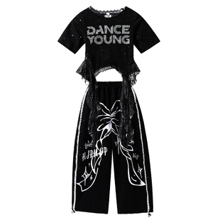 六一夏季女童爵士舞演出服儿童JAZZ舞蹈服大蝴蝶结印花阔腿裤子潮