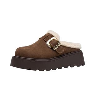 依思q厚底勃肯鞋女加绒2025冬季新款保暖雪地靴增高包头半拖鞋子