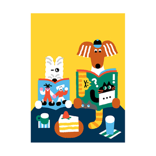 可爱卡通多巴胺ins风格小狗看书装饰画芯儿童房挂画单独海报自粘