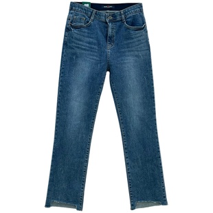 韩国howluk高腰松紧腰弹力加绒直筒牛仔裤女冬季款深色显瘦长裤