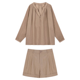 NEVA HU老钱风苎麻长袖衬衫女夏季薄款宽松v领防晒衫上衣短裤套装