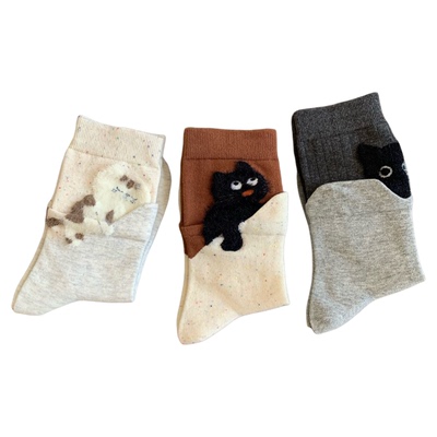 植绒毛小猫袜子女款秋季纯棉长袜