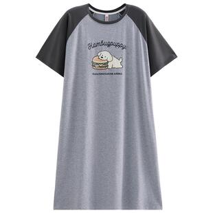 芬腾女士短袖纯棉睡裙夏季薄款连衣裙休闲撞色时尚家居服女中长裙