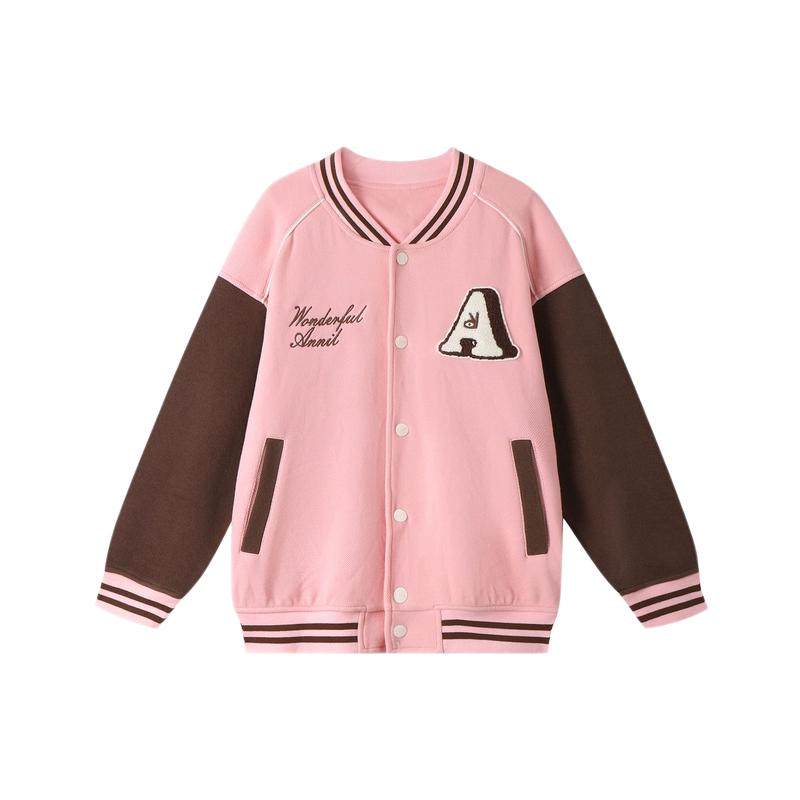 安奈儿童装针织外套2024秋冬复古学院风透气宽松弹力棒球服拼接