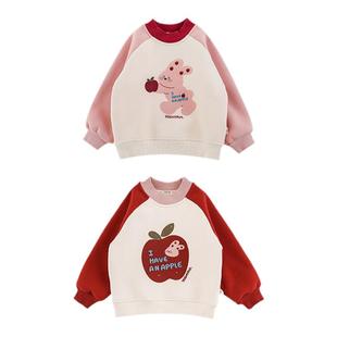 幼悠女童加绒加厚苹果兔子印花卫衣冬季童趣可爱拼色插肩袖上衣潮