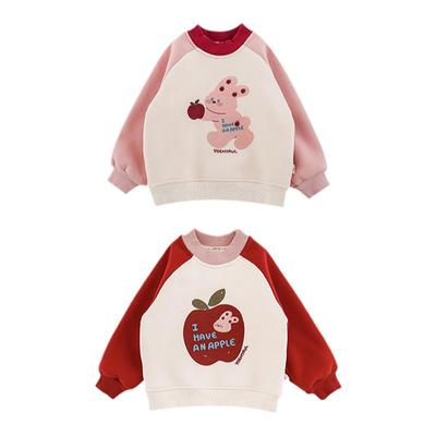 幼悠女童加绒加厚苹果兔子印花卫衣冬季童趣可爱拼色插肩袖上衣潮