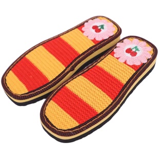 鞋底手工编织彩条勾针鞋绣花冰条线牛奶棉线拖鞋防滑耐磨橡胶鞋底