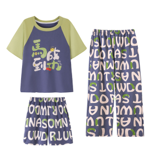 儿童睡衣男童夏季薄款纯棉短袖长裤中大童卡通洋气家居服三件套装