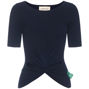 宝姿PORTSPURE女装舒适设计感交叉结构针织显瘦短袖上衣