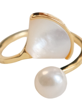 《白玉扇》轻奢小众法式天然淡水珍珠白贝母扇子戒指可调节开口女