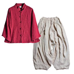 中式女装中国风高级感套装棉麻亚麻女高端南瓜裤妈妈佛系禅意素衣