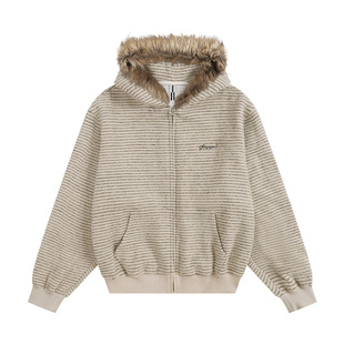ATRY条纹连帽卫衣女外套国潮牌秋冬季复古保暖慵懒风毛领套头外套